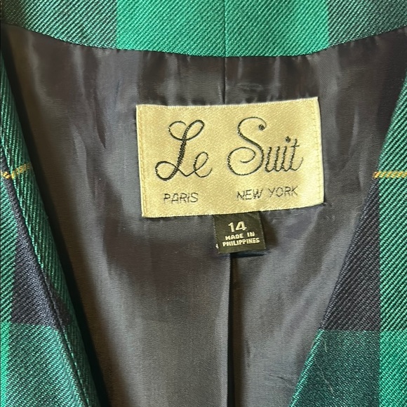 Vintage Le Suit Blazer Size 14 Blue Green Plaid Double Breasted - Picture 5 of 5